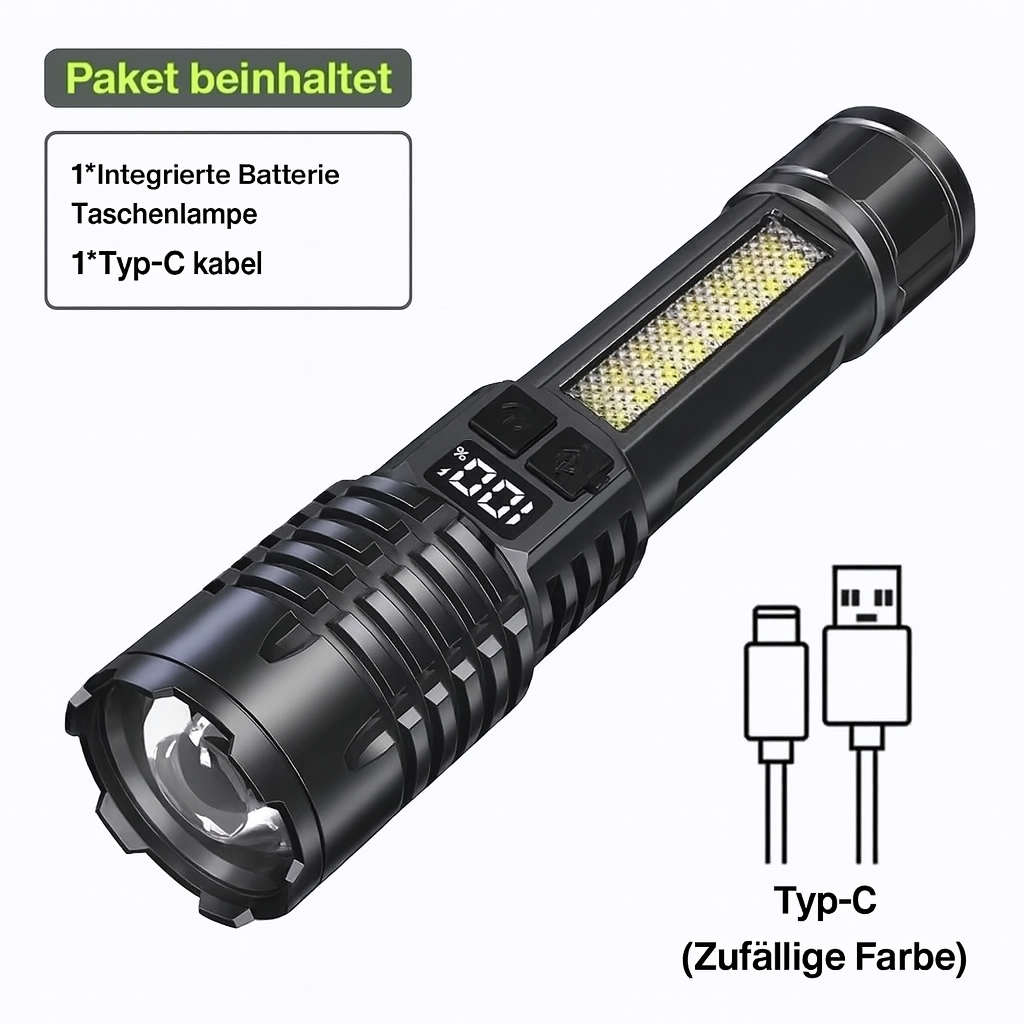 LED Taschenlampe USB-C, zoombar – 32 000 Lux, >500 m Reichweite, 5 Modi, wasserdicht, 78 g