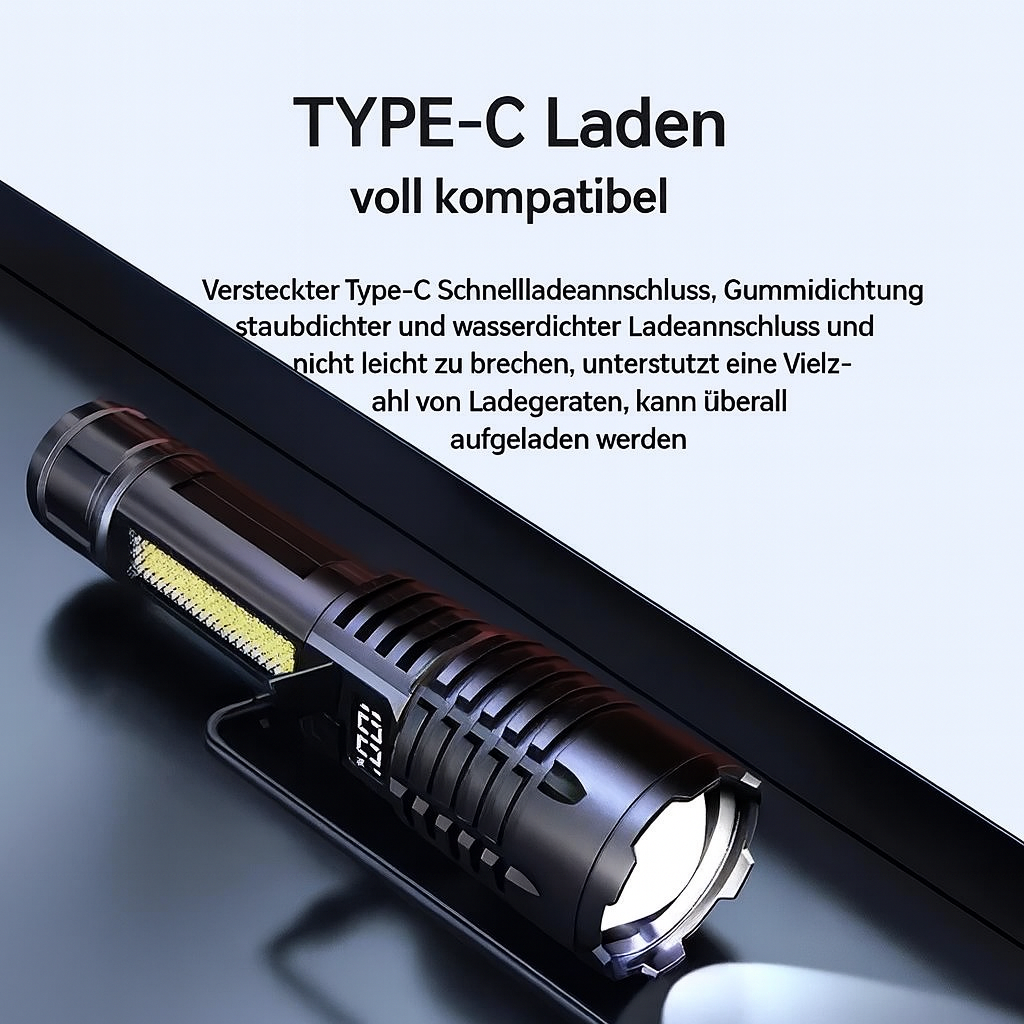 LED Taschenlampe USB-C, zoombar – 32 000 Lux, >500 m Reichweite, 5 Modi, wasserdicht, 78 g