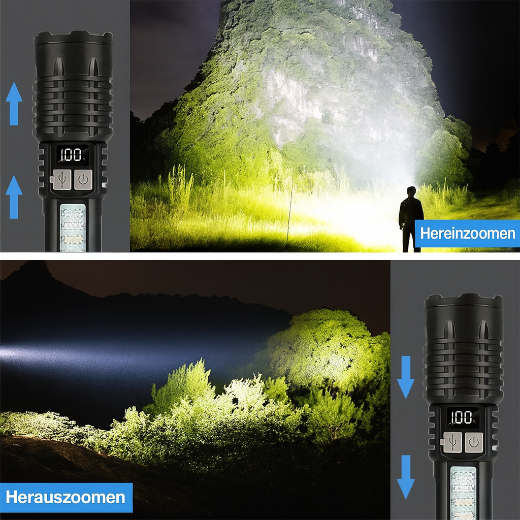 LED Taschenlampe USB-C, zoombar – 32 000 Lux, >500 m Reichweite, 5 Modi, wasserdicht, 78 g