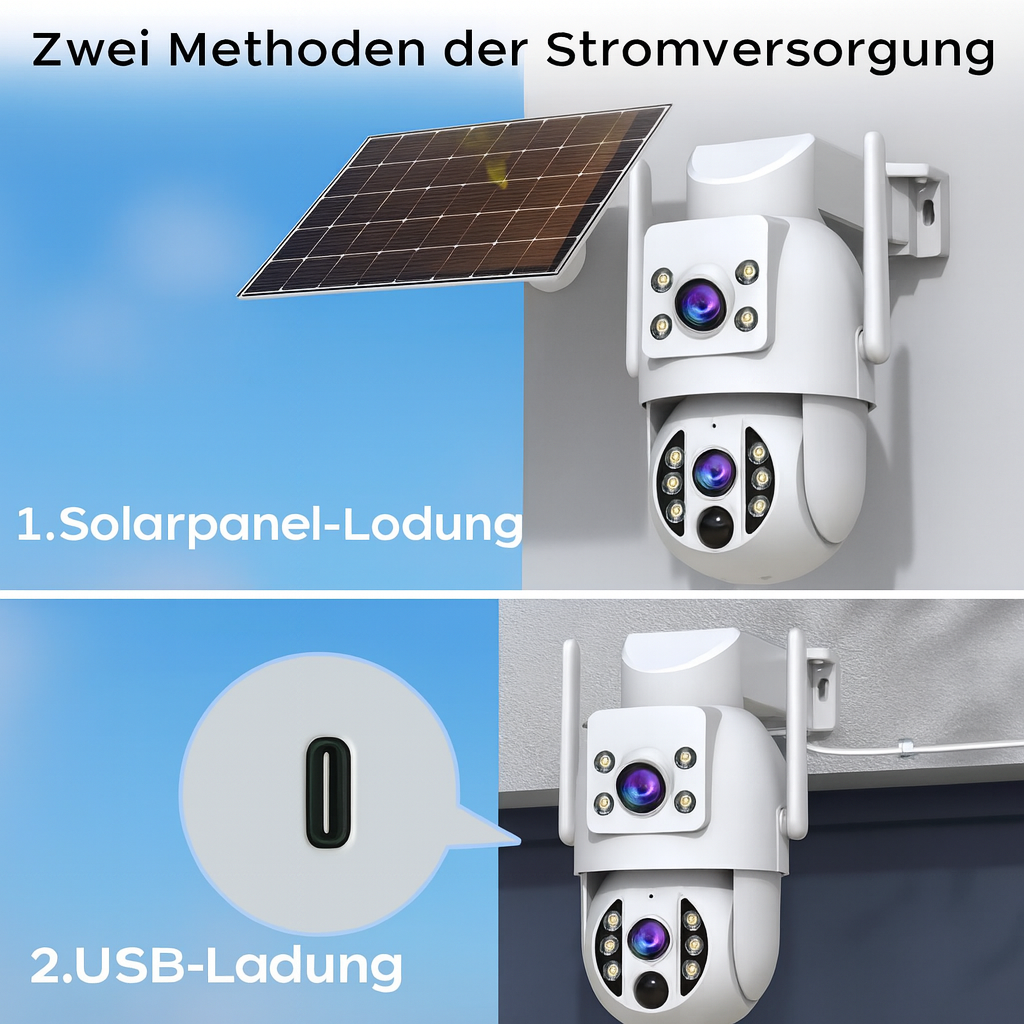 Solar Überwachungskamera 4K – Intelligente Nachtsicht & Bewegungserkennung | WLAN Kamera mit Akku & Solarpanel