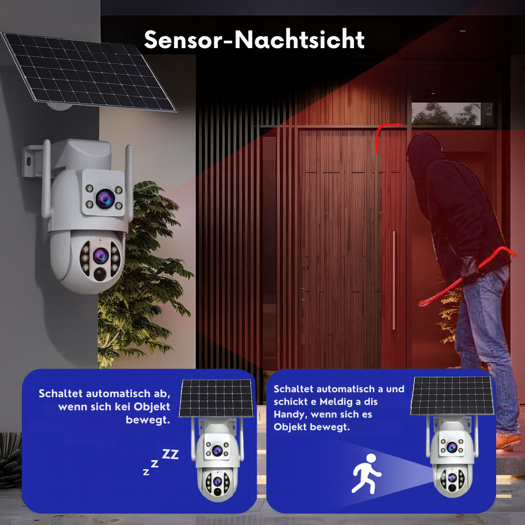 Solar Überwachungskamera 4K – Intelligente Nachtsicht & Bewegungserkennung | WLAN Kamera mit Akku & Solarpanel